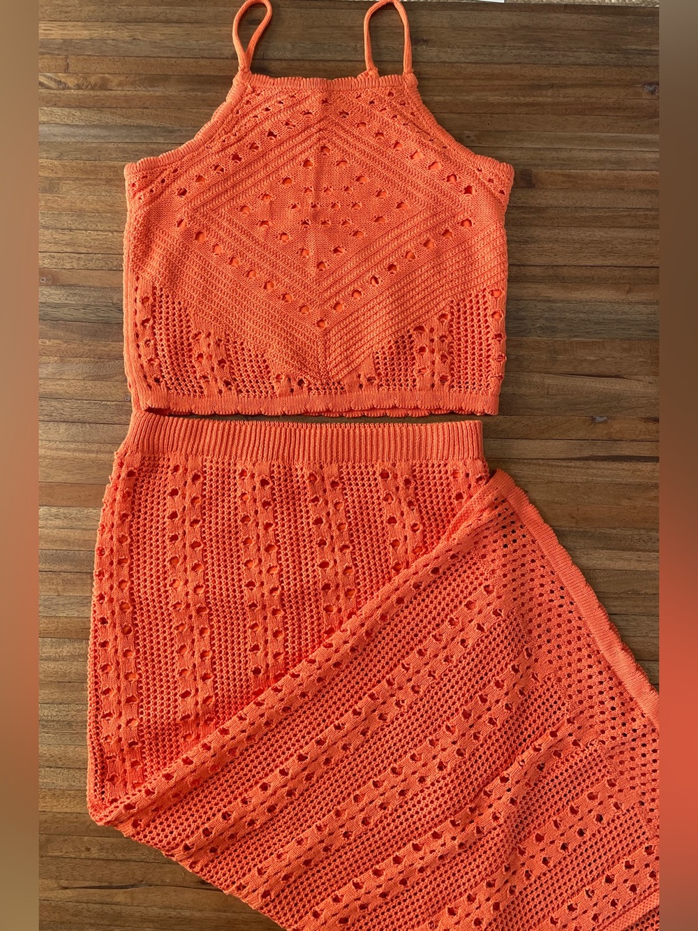NWOT Beautiful Crocheted Knit Set with Long Skirt and Cropped Top - Medium